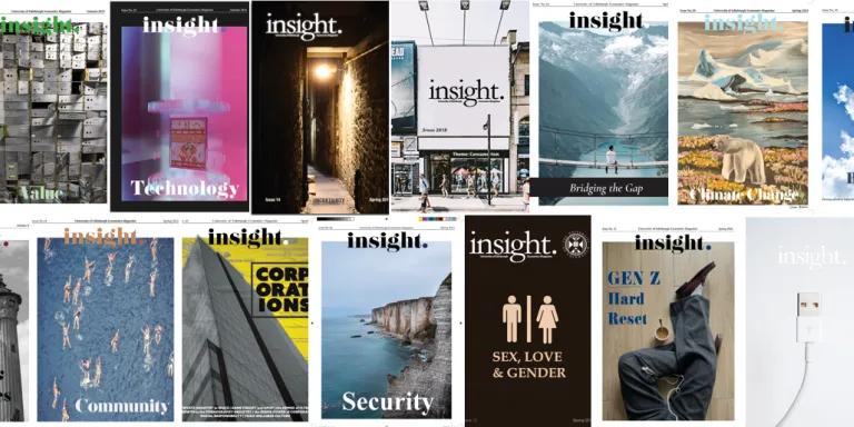 A gallery of covers of previous Insight magazines