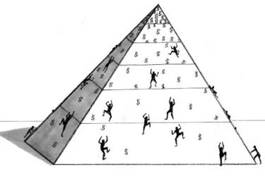 A pyramid that many people are trying to climb, drawn