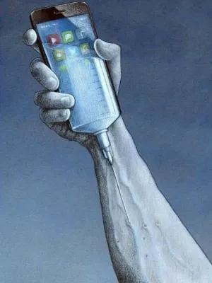 Drawing of a person holding a phone that becomes an IV drip into the arm holding it