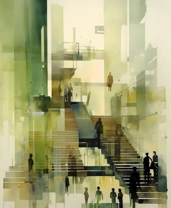 A blurry painting of people going up or down a lot of staircases without any specific direction