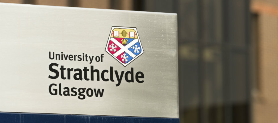 University of Strathclyde Glasgow sign on their campus in central Glasgow.